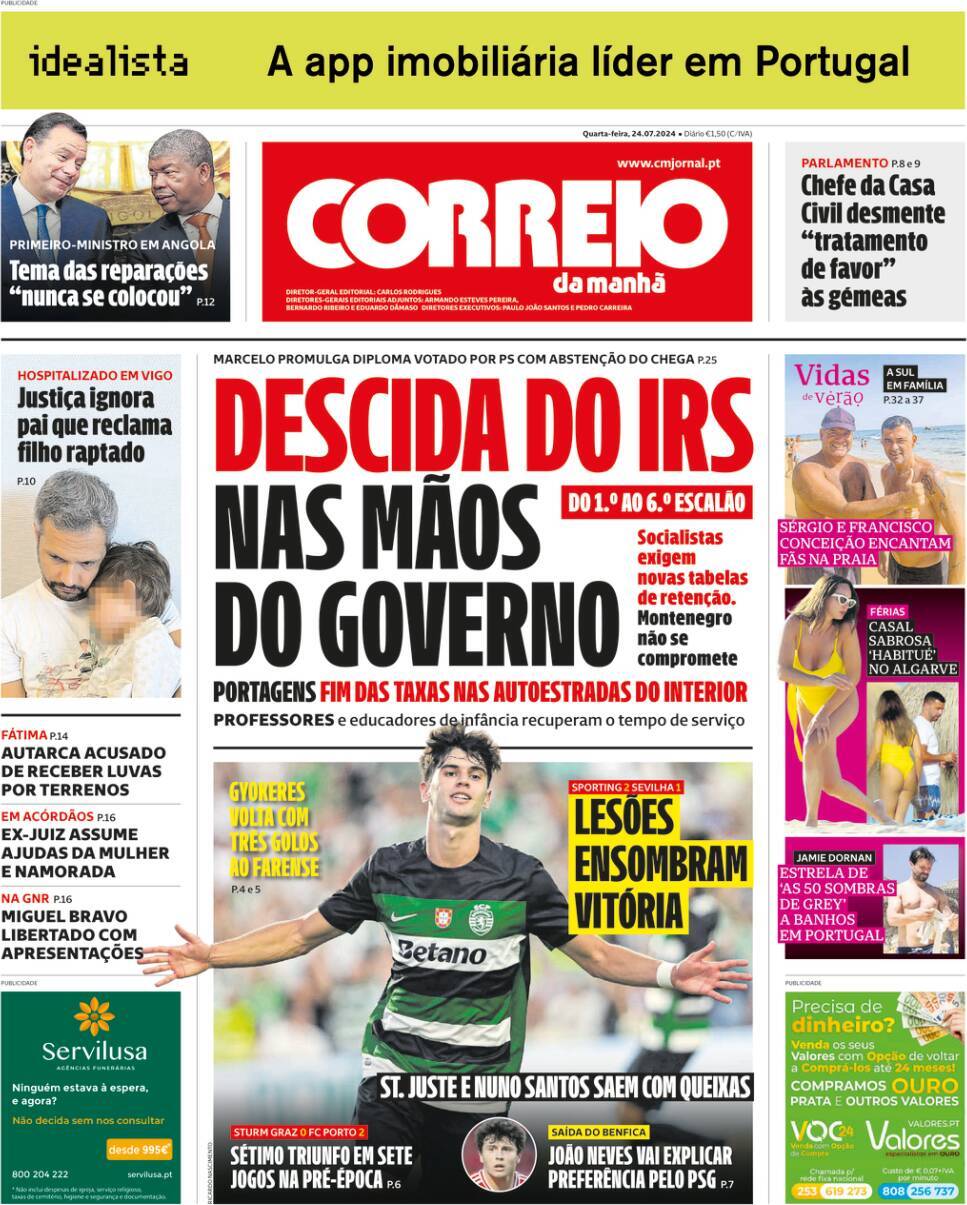 Correio da Manh&atilde;: Capa da Edi&ccedil;&atilde;o de quarta-feira, 24 de julho 2024