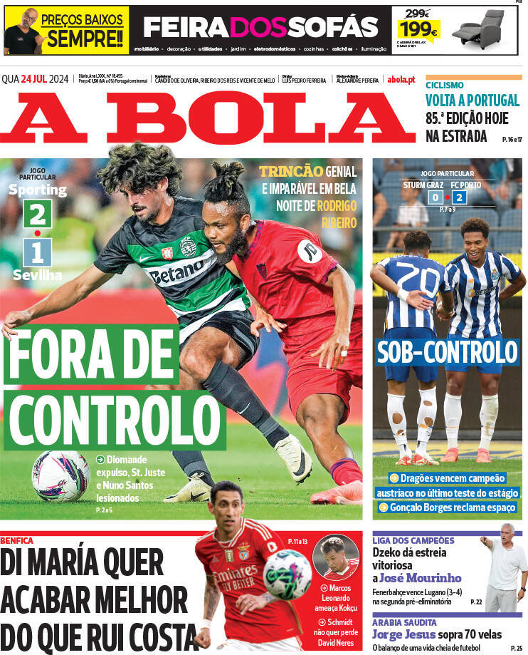 A Bola: Capa da Edi&ccedil;&atilde;o de quarta-feira, 24 de julho 2024