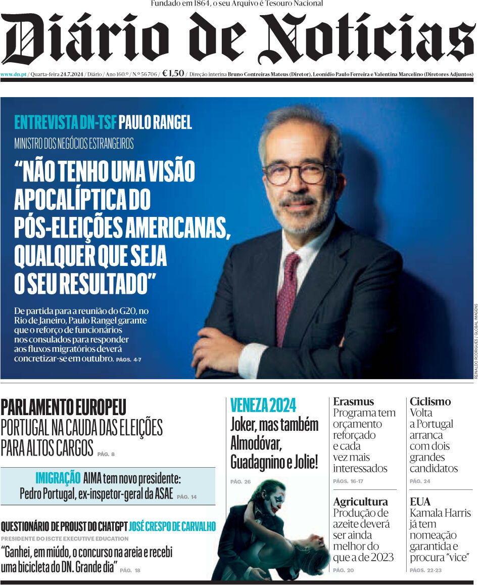 Di&aacute;rio de Not&iacute;cias: Capa da Edi&ccedil;&atilde;o de quarta-feira, 24 de julho 2024