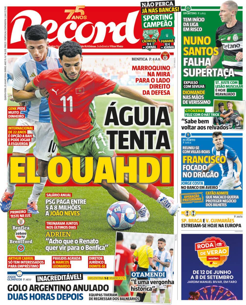 Record: Capa da Edi&ccedil;&atilde;o de quinta-feira, 25 de julho 2024