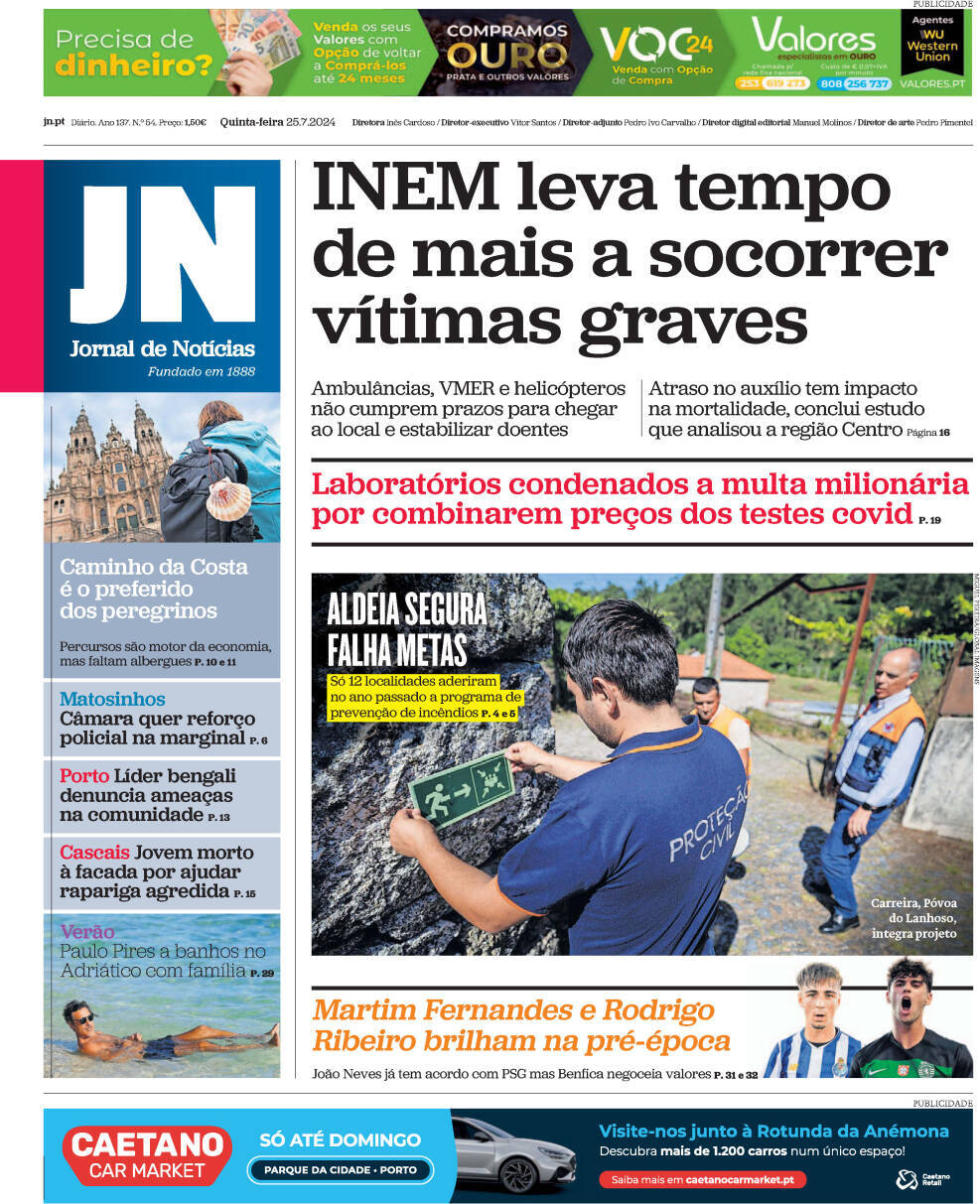 Jornal de Not&iacute;cias: Capa da Edi&ccedil;&atilde;o de quinta-feira, 25 de julho 2024