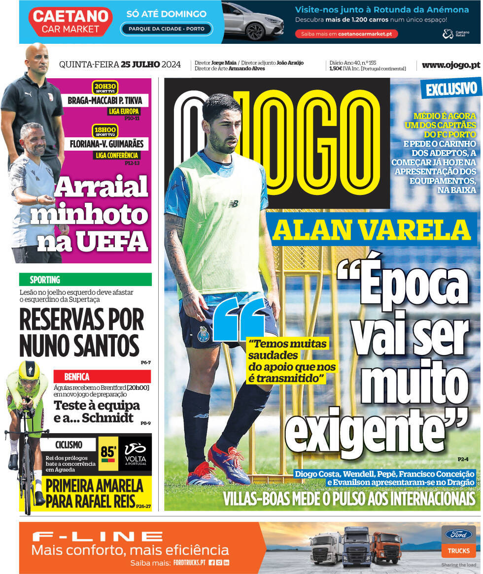 O Jogo: Capa da Edi&ccedil;&atilde;o de quinta-feira, 25 de julho 2024