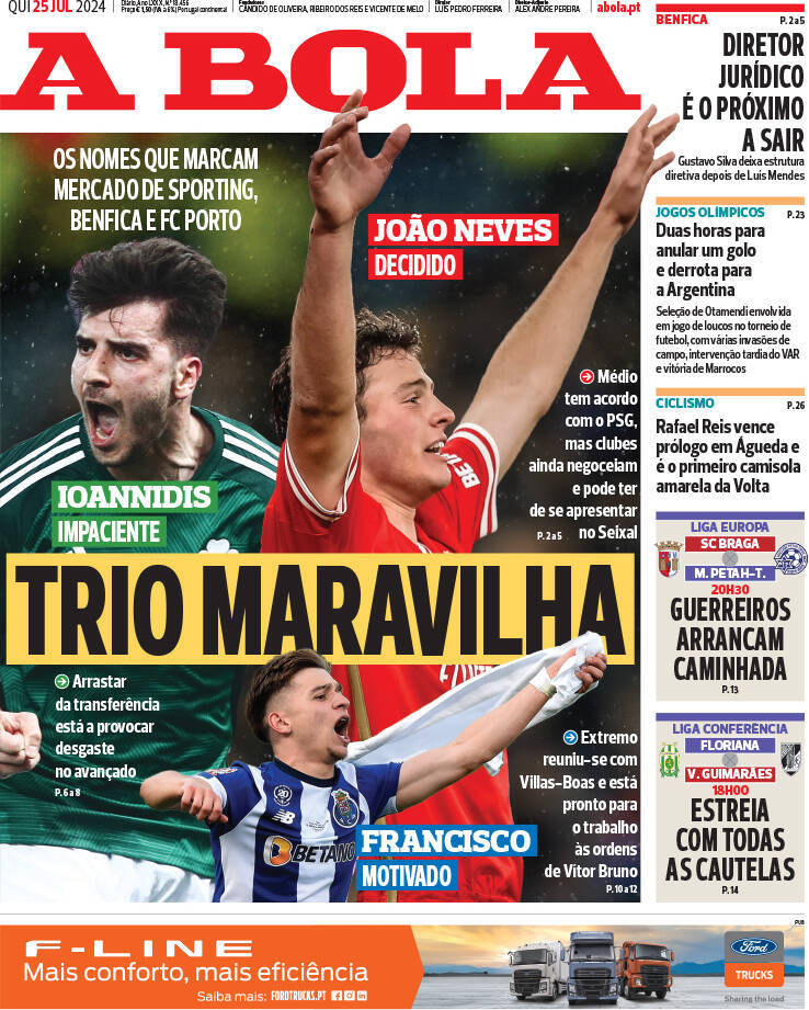 A Bola: Capa da Edi&ccedil;&atilde;o de quinta-feira, 25 de julho 2024