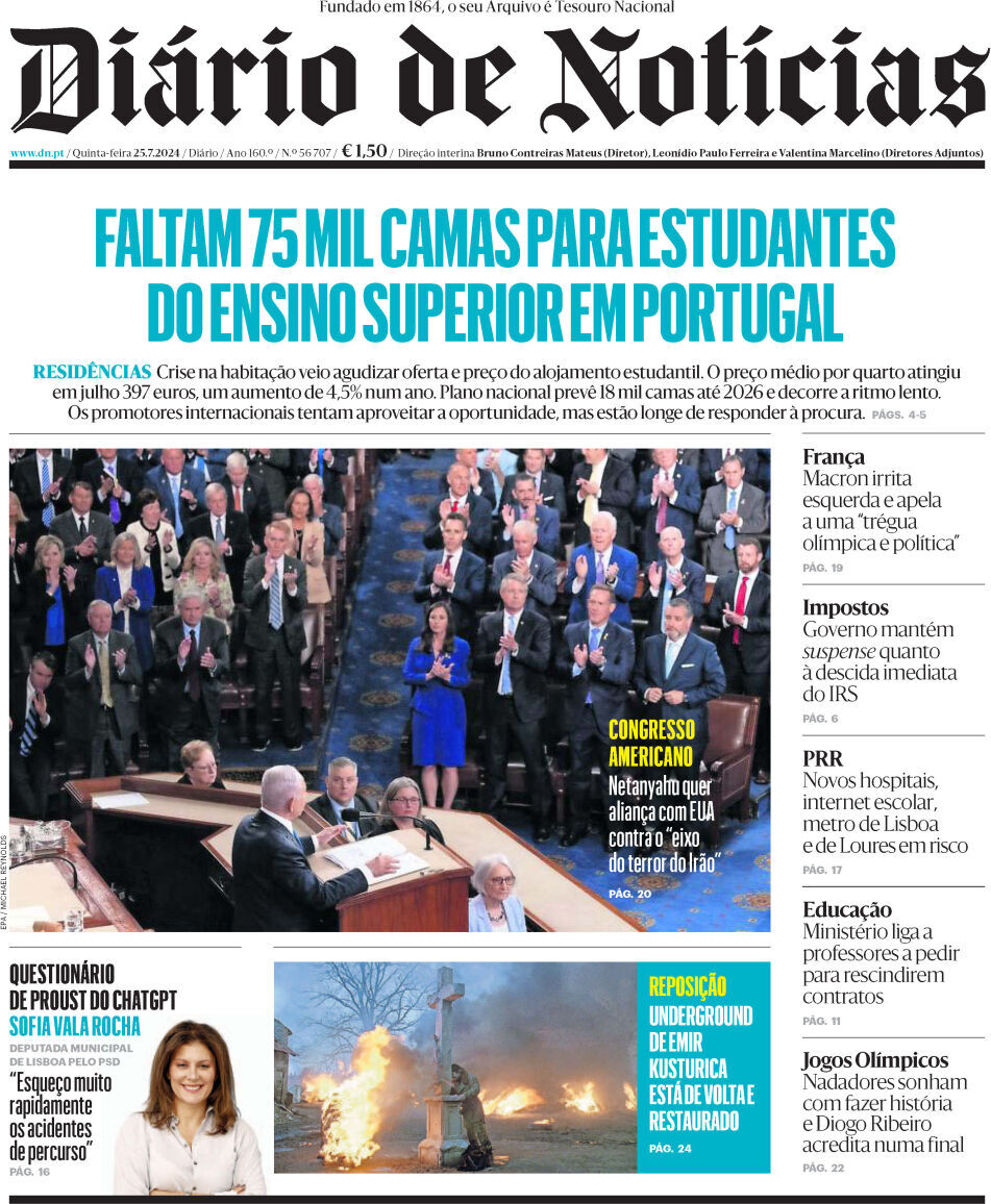 Di&aacute;rio de Not&iacute;cias: Capa da Edi&ccedil;&atilde;o de quinta-feira, 25 de julho 2024