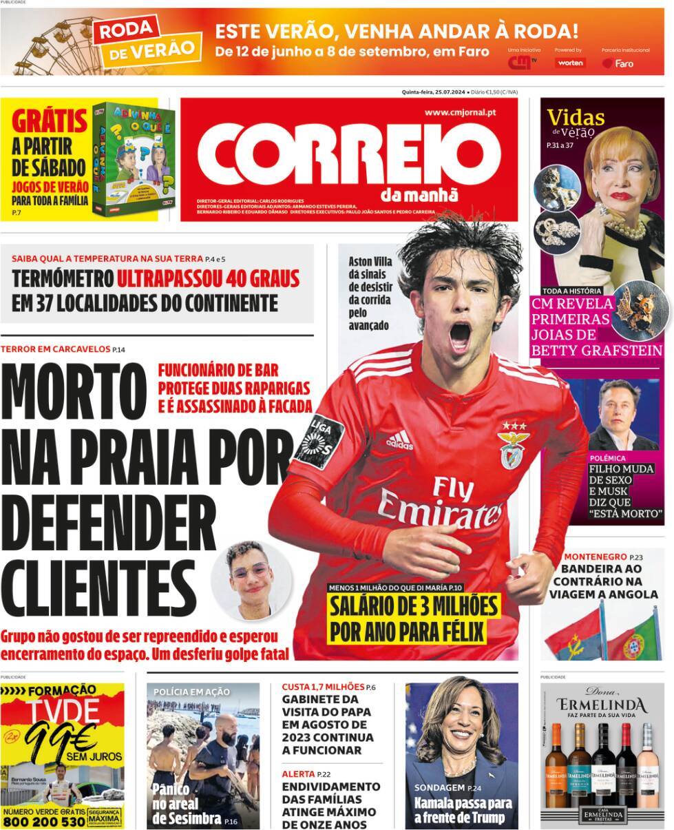 Correio da Manh&atilde;: Capa da Edi&ccedil;&atilde;o de quinta-feira, 25 de julho 2024