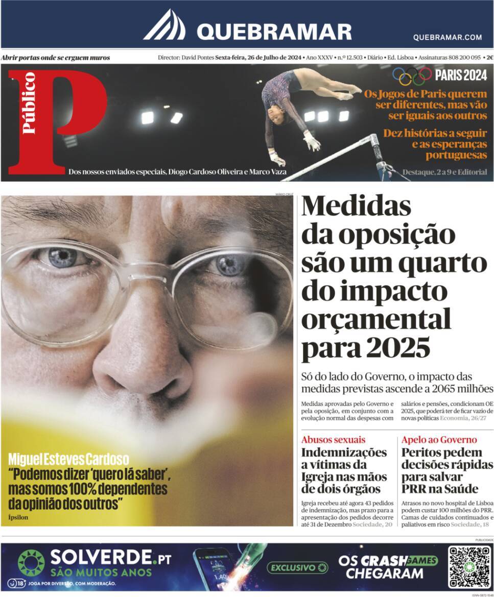 P&uacute;blico: Capa da Edi&ccedil;&atilde;o de sexta-feira, 26 de julho 2024
