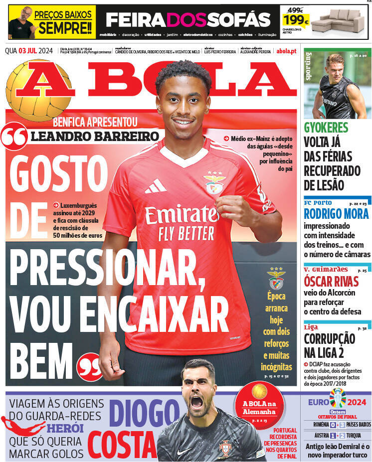 A Bola: Capa da Edi&ccedil;&atilde;o de quarta-feira, 03 de julho 2024