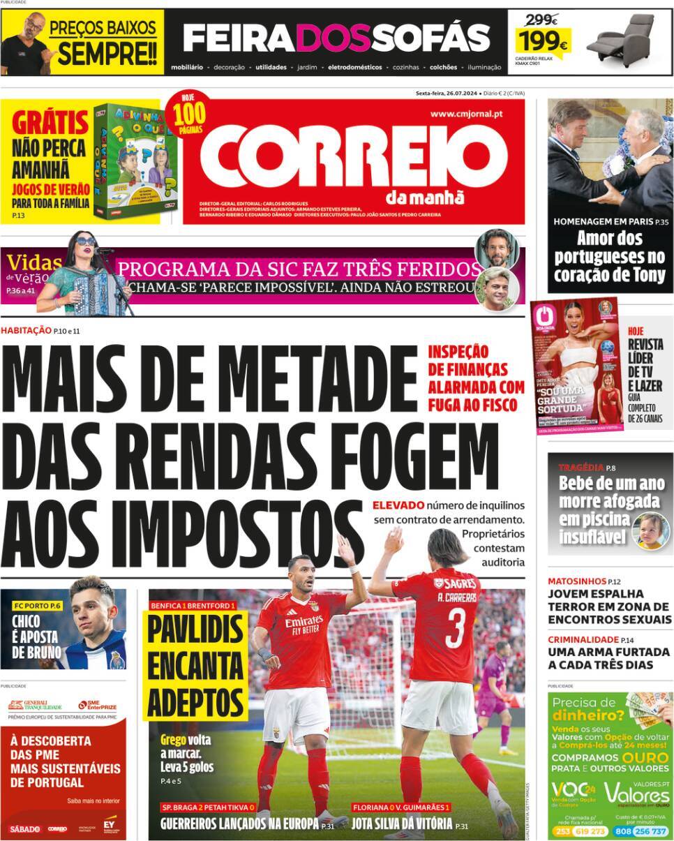 Correio da Manh&atilde;: Capa da Edi&ccedil;&atilde;o de sexta-feira, 26 de julho 2024