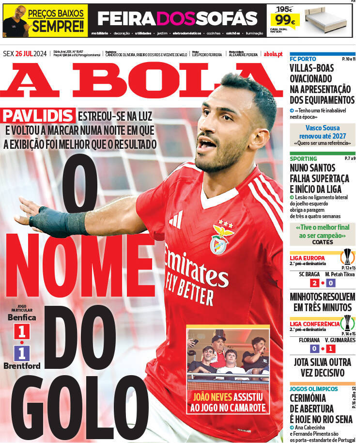 A Bola: Capa da Edi&ccedil;&atilde;o de sexta-feira, 26 de julho 2024