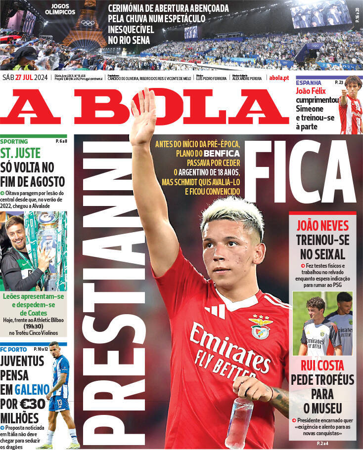 A Bola: Capa da Edi&ccedil;&atilde;o de s&aacute;bado, 27 de julho 2024