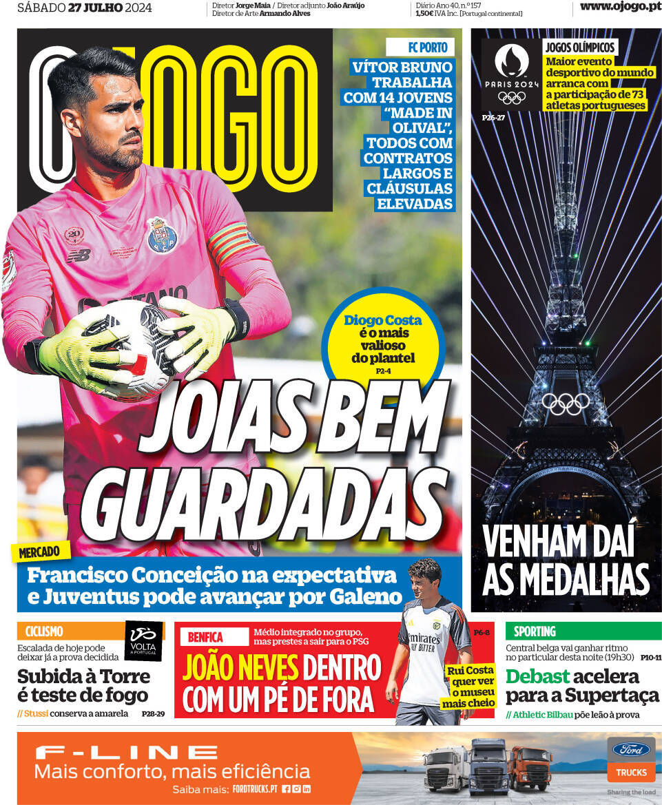 O Jogo: Capa da Edi&ccedil;&atilde;o de s&aacute;bado, 27 de julho 2024