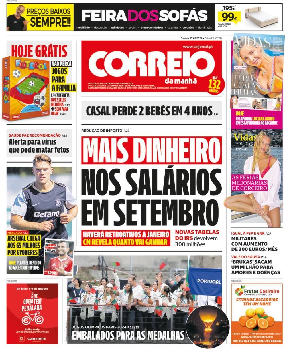 Correio da Manh&atilde;: Capa da Edi&ccedil;&atilde;o de s&aacute;bado, 27 de julho 2024
