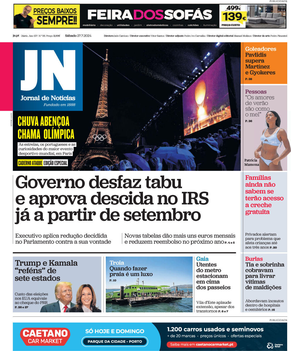 Jornal de Not&iacute;cias: Capa da Edi&ccedil;&atilde;o de s&aacute;bado, 27 de julho 2024