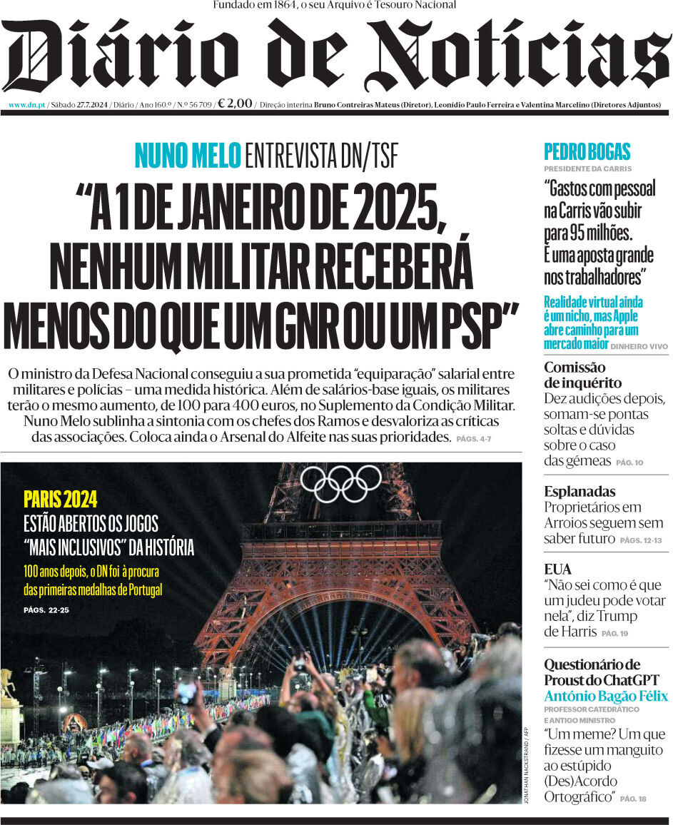 Di&aacute;rio de Not&iacute;cias: Capa da Edi&ccedil;&atilde;o de s&aacute;bado, 27 de julho 2024