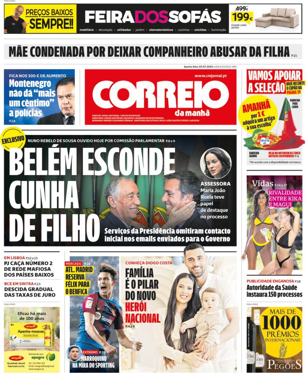 Correio da Manh&atilde;: Capa da Edi&ccedil;&atilde;o de quarta-feira, 03 de julho 2024