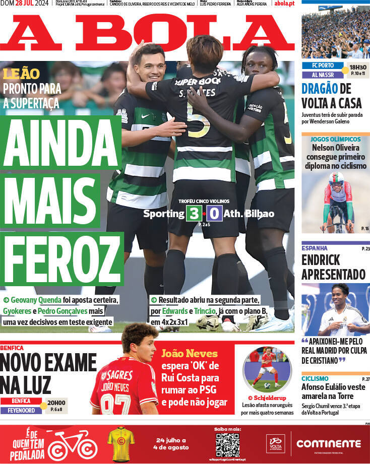 A Bola: Capa da Edi&ccedil;&atilde;o de domingo, 28 de julho 2024