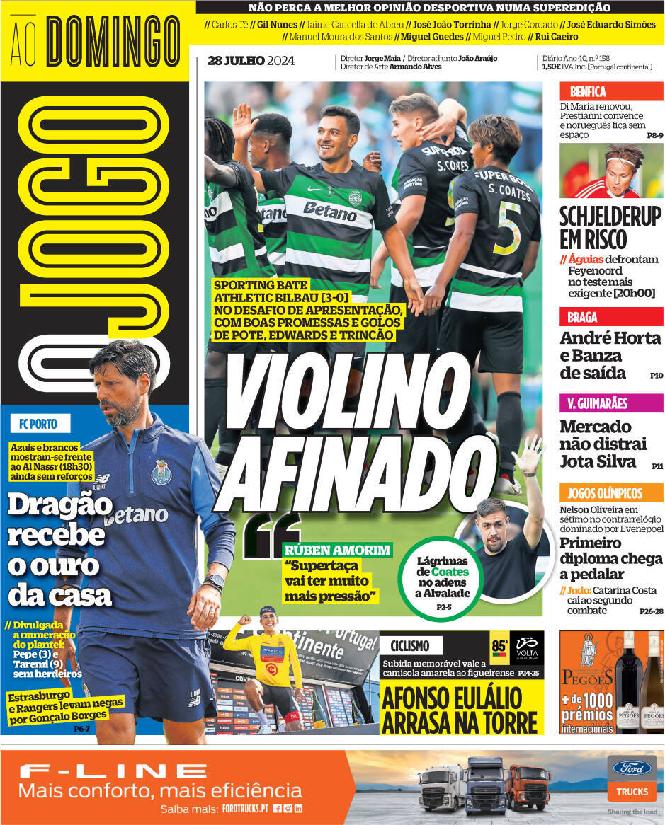 O Jogo: Capa da Edi&ccedil;&atilde;o de domingo, 28 de julho 2024