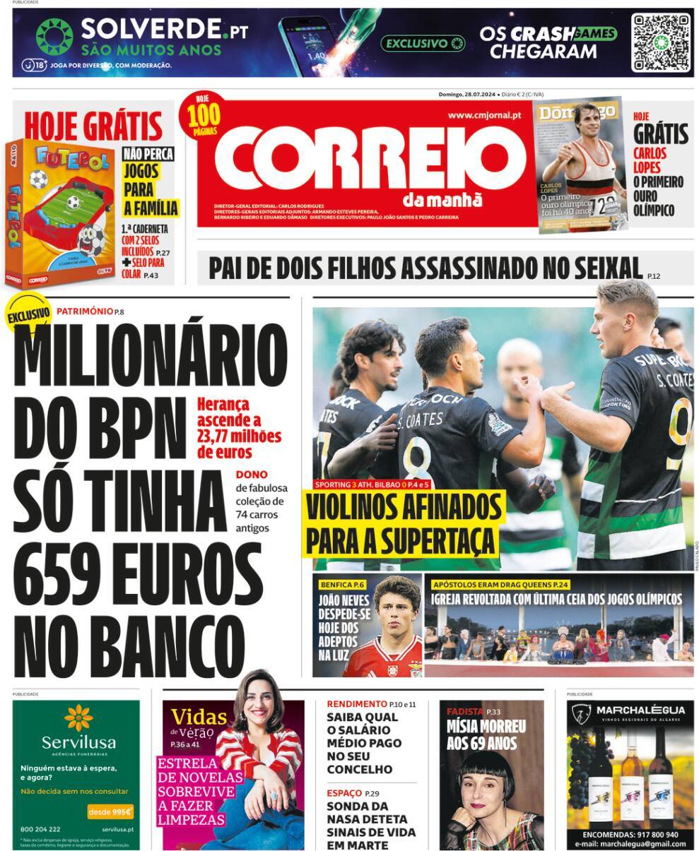 Correio da Manh&atilde;: Capa da Edi&ccedil;&atilde;o de domingo, 28 de julho 2024