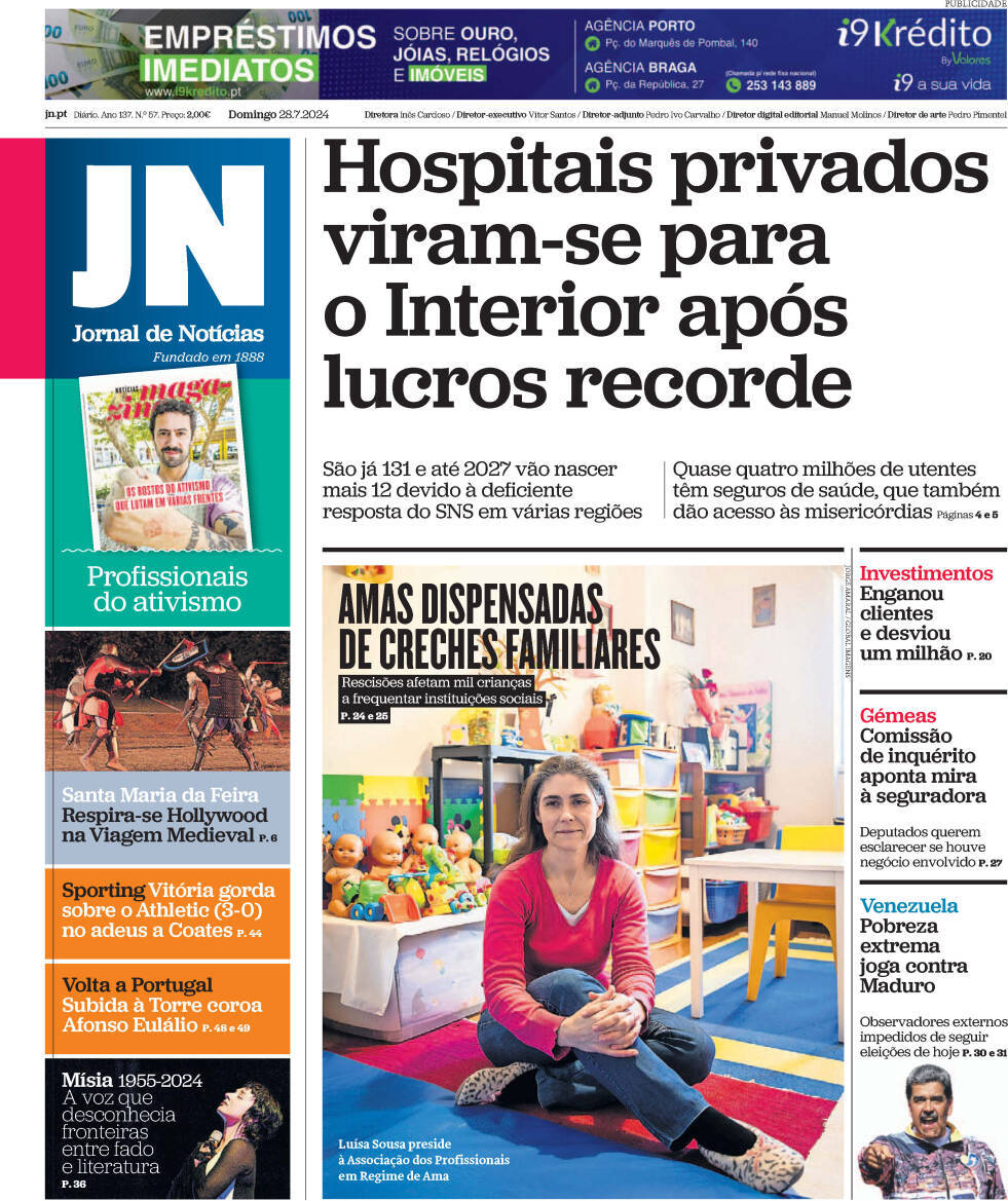 Jornal de Not&iacute;cias: Capa da Edi&ccedil;&atilde;o de domingo, 28 de julho 2024
