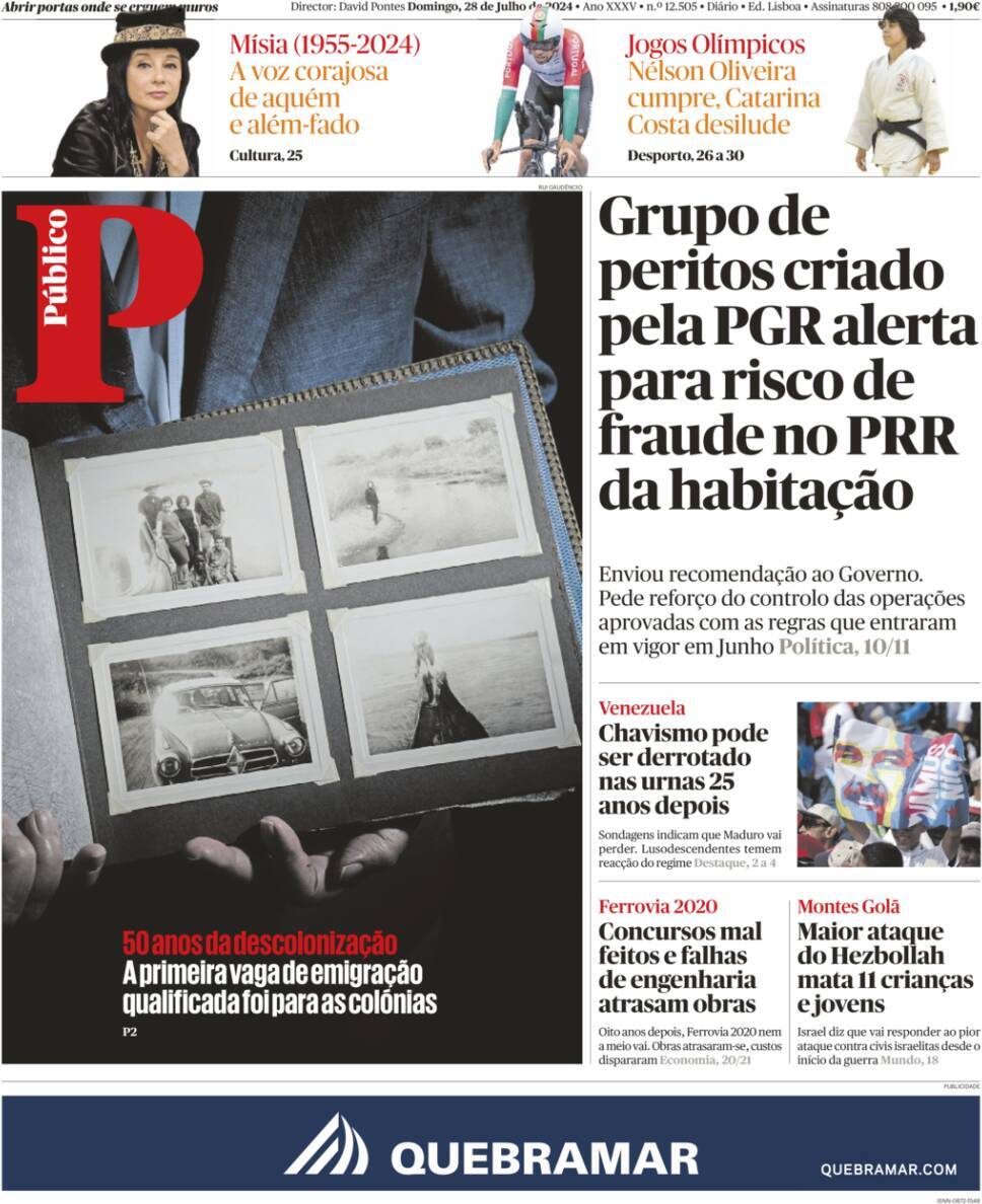 P&uacute;blico: Capa da Edi&ccedil;&atilde;o de domingo, 28 de julho 2024