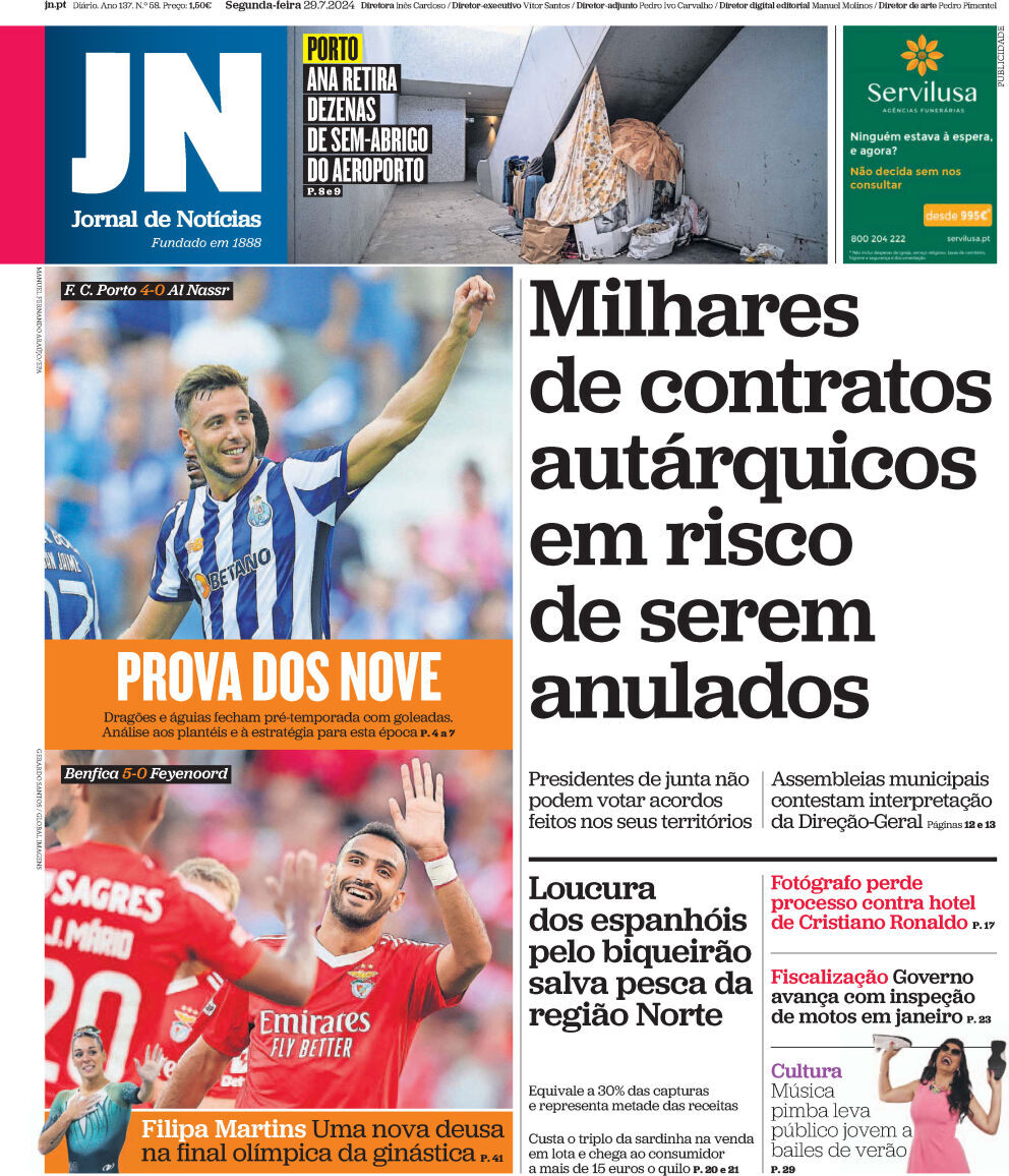 Jornal de Not&iacute;cias: Capa da Edi&ccedil;&atilde;o de segunda-feira, 29 de julho 2024