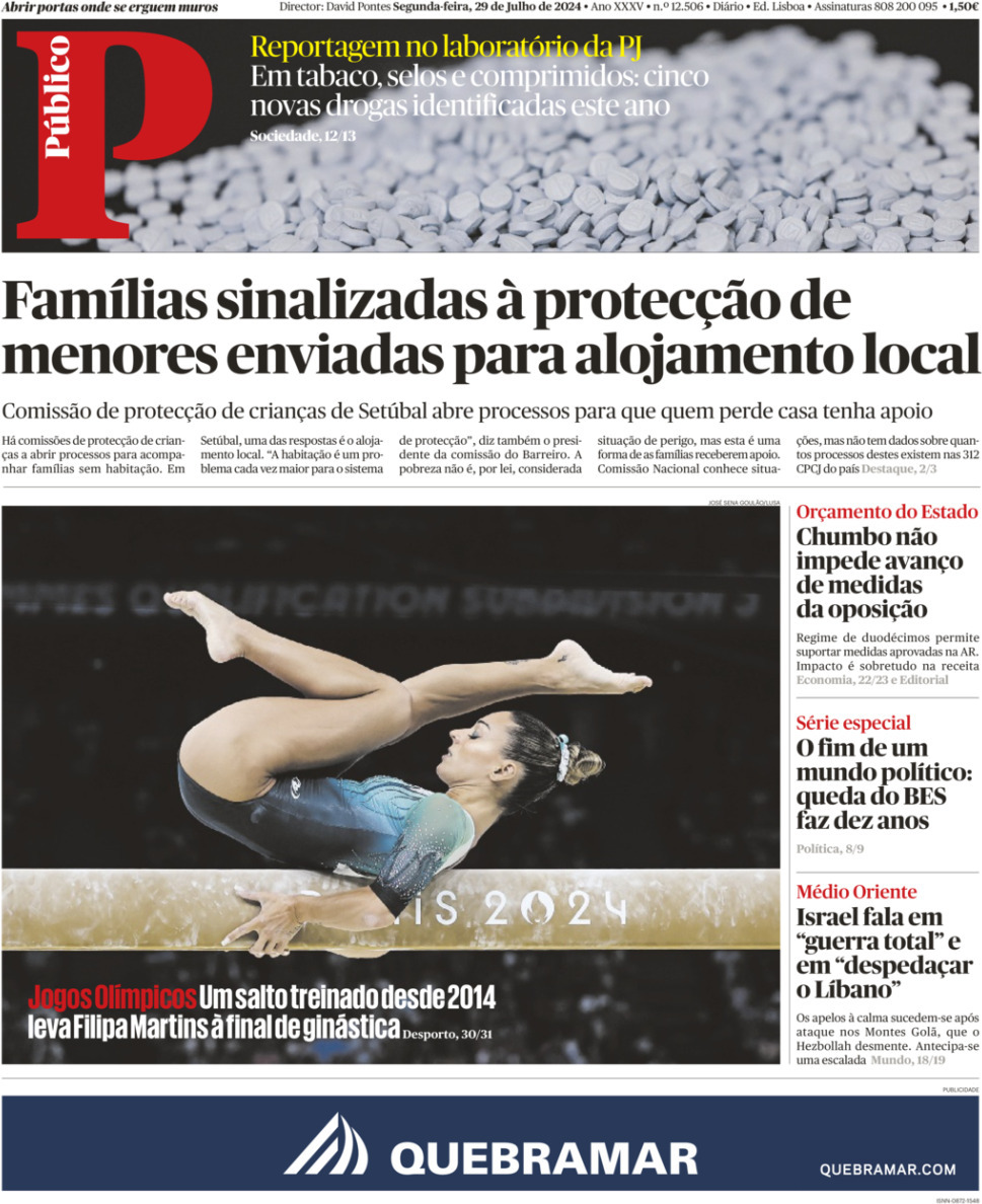P&uacute;blico: Capa da Edi&ccedil;&atilde;o de segunda-feira, 29 de julho 2024