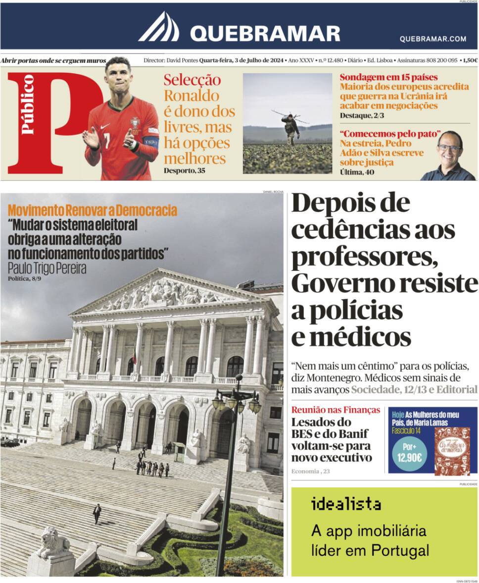 P&uacute;blico: Capa da Edi&ccedil;&atilde;o de quarta-feira, 03 de julho 2024