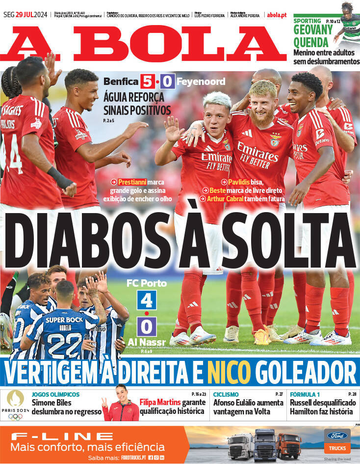 A Bola: Capa da Edi&ccedil;&atilde;o de segunda-feira, 29 de julho 2024