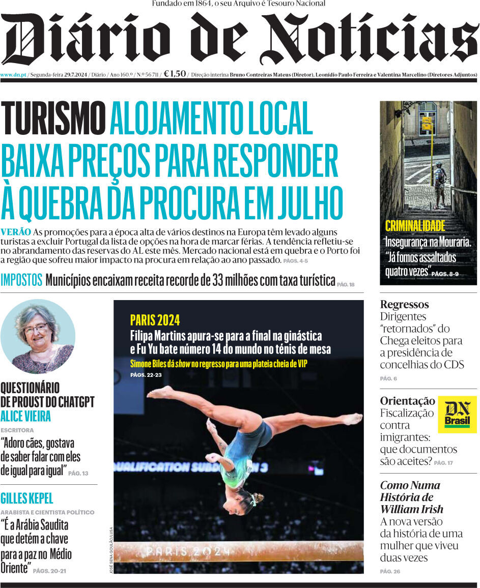 Di&aacute;rio de Not&iacute;cias: Capa da Edi&ccedil;&atilde;o de segunda-feira, 29 de julho 2024