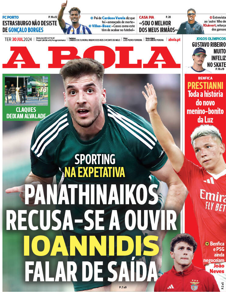 A Bola: Capa da Edi&ccedil;&atilde;o de ter&ccedil;a-feira, 30 de julho 2024