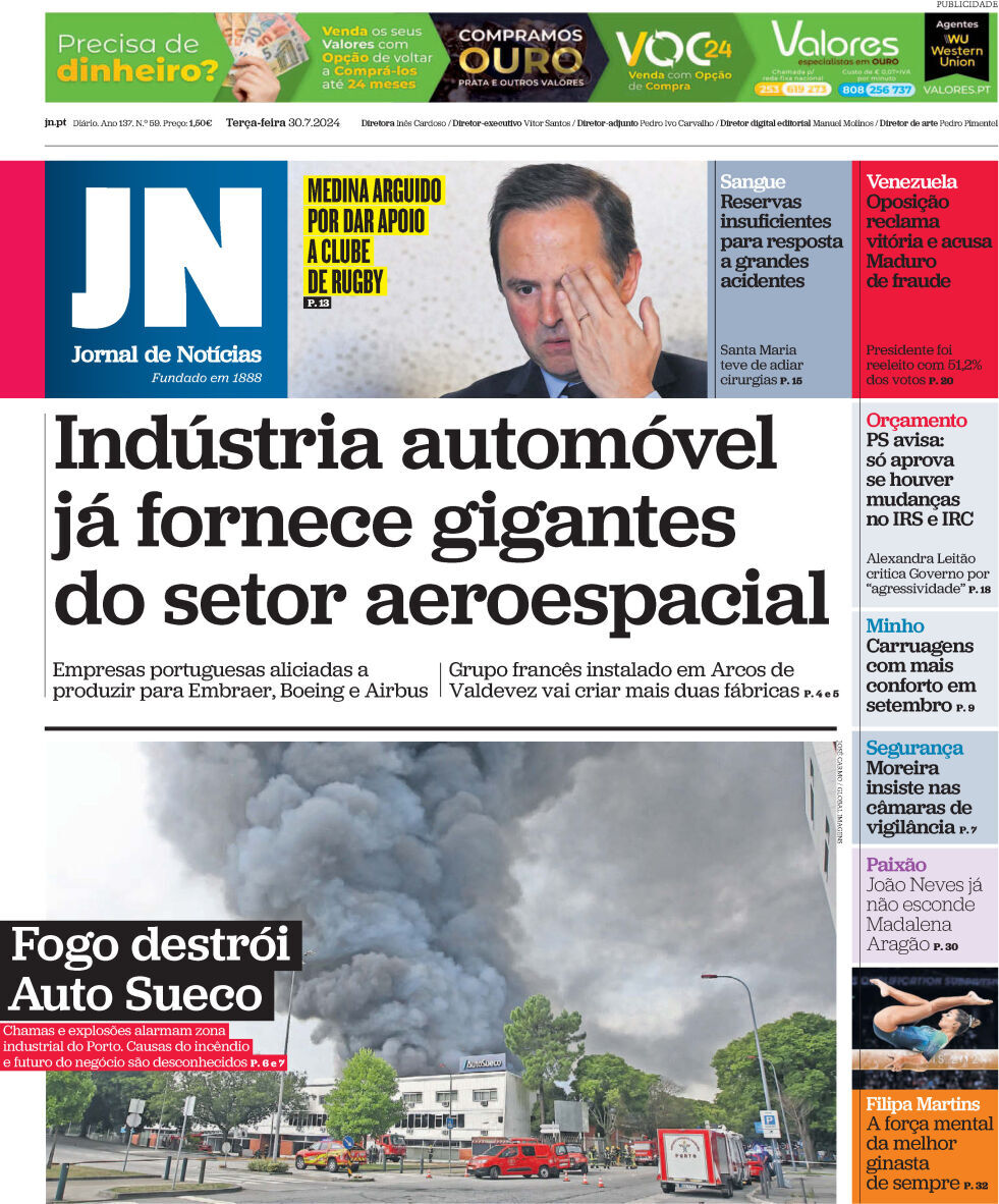 Jornal de Not&iacute;cias: Capa da Edi&ccedil;&atilde;o de ter&ccedil;a-feira, 30 de julho 2024