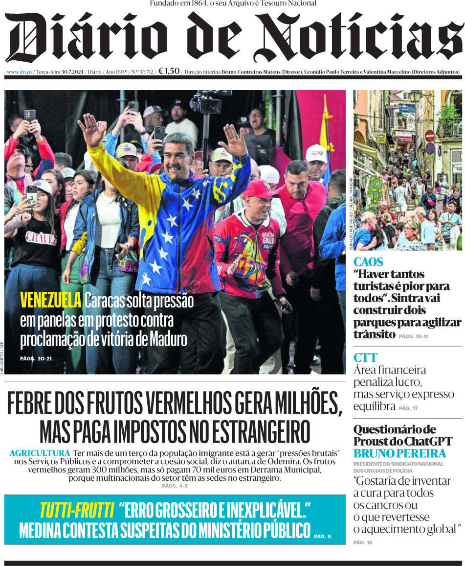 Di&aacute;rio de Not&iacute;cias: Capa da Edi&ccedil;&atilde;o de ter&ccedil;a-feira, 30 de julho 2024