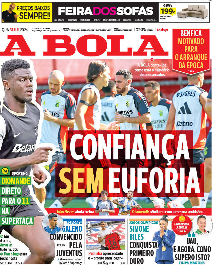 A Bola: Capa da Edi&ccedil;&atilde;o de quarta-feira, 31 de julho 2024