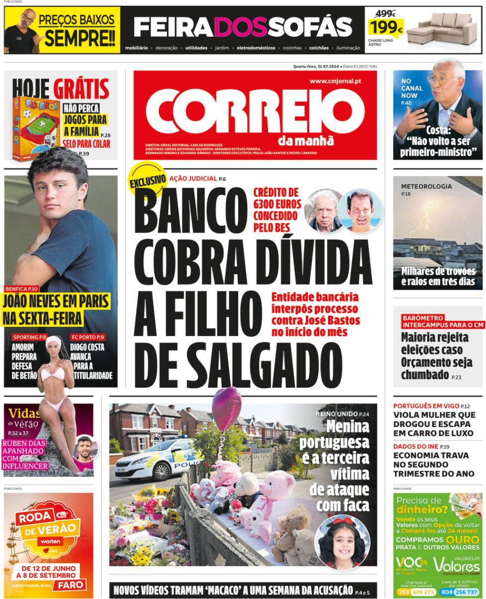Correio da Manh&atilde;: Capa da Edi&ccedil;&atilde;o de quarta-feira, 31 de julho 2024