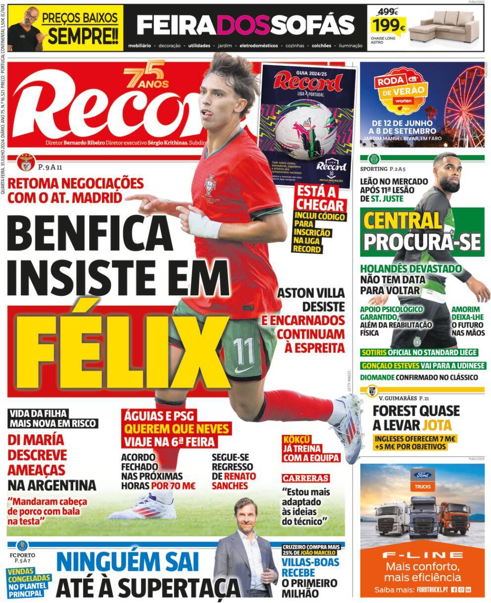 Record: Capa da Edi&ccedil;&atilde;o de quarta-feira, 31 de julho 2024