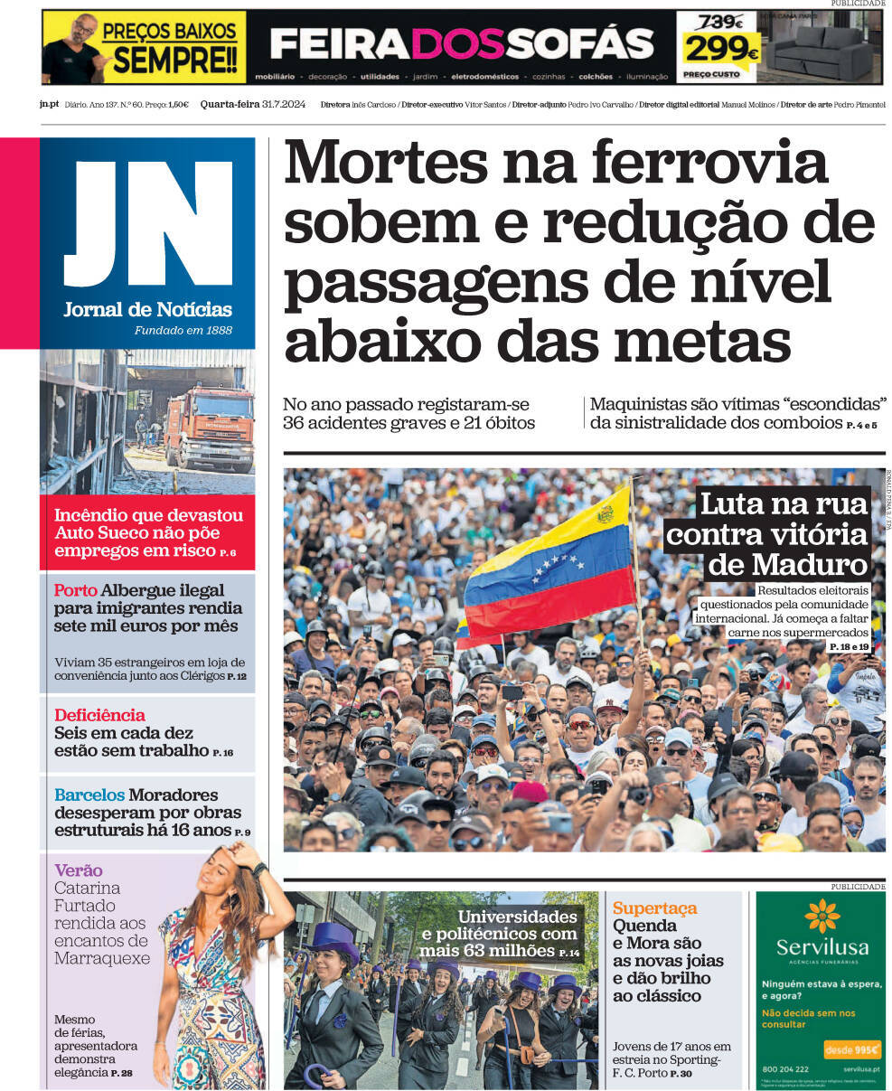 Jornal de Not&iacute;cias: Capa da Edi&ccedil;&atilde;o de quarta-feira, 31 de julho 2024