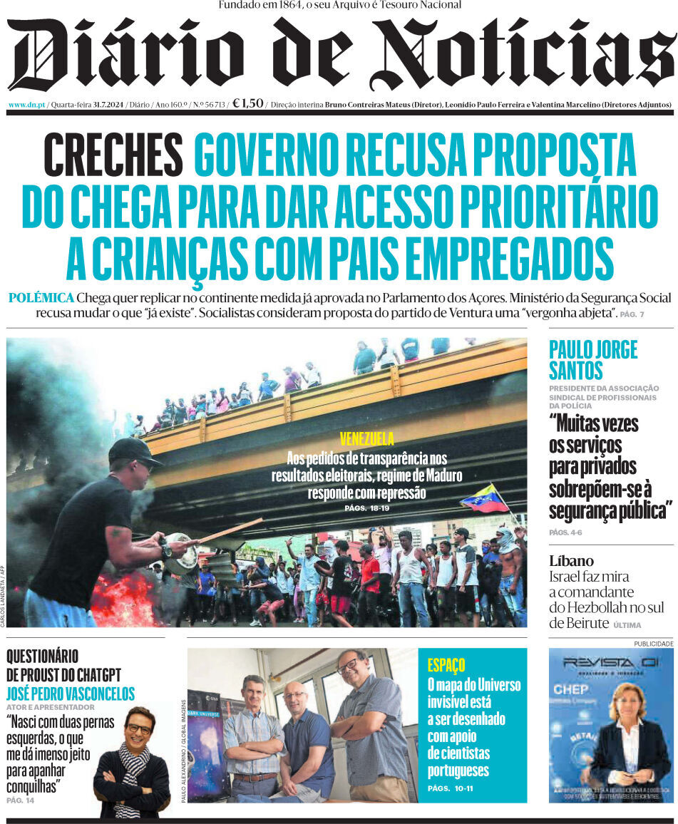 Di&aacute;rio de Not&iacute;cias: Capa da Edi&ccedil;&atilde;o de quarta-feira, 31 de julho 2024