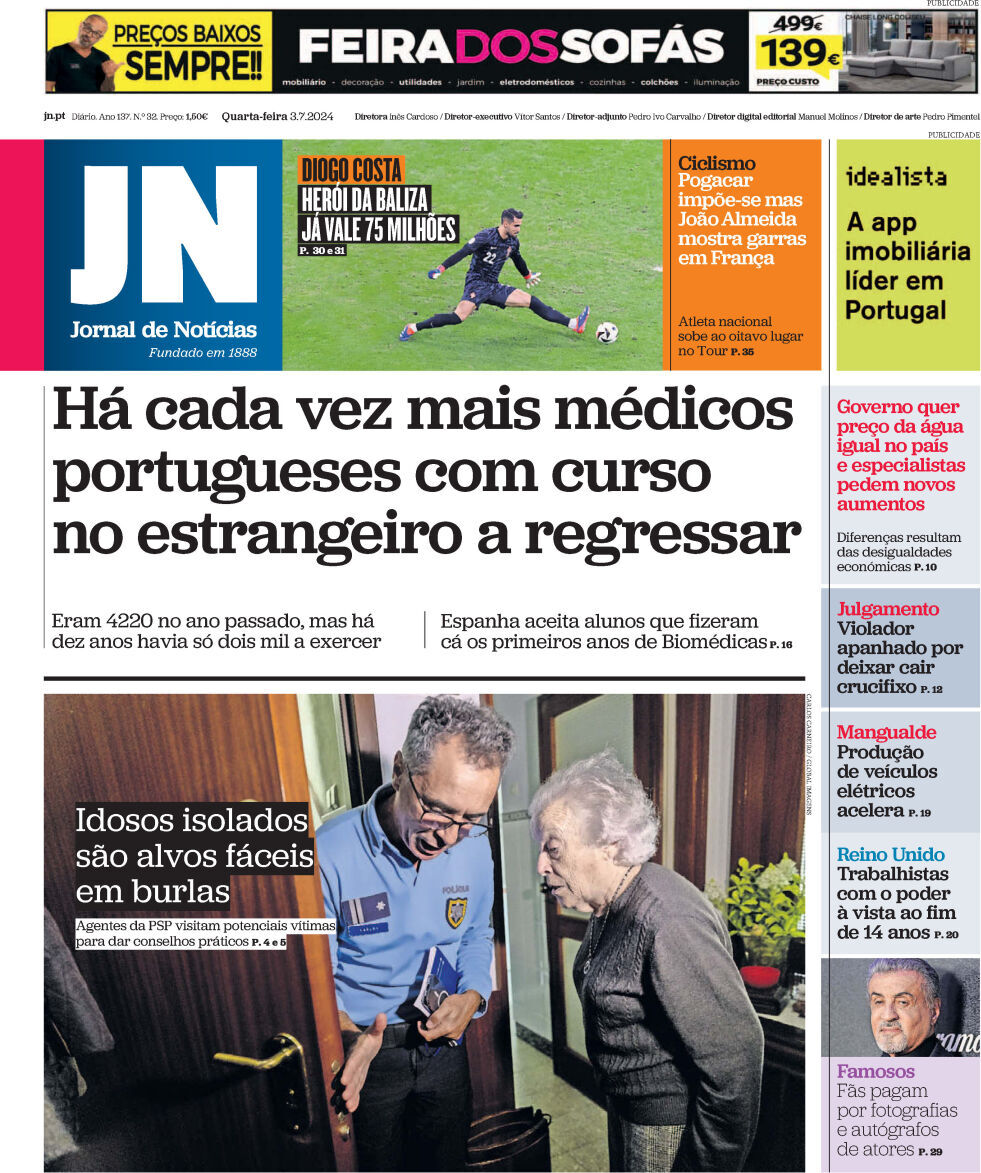 Jornal de Not&iacute;cias: Capa da Edi&ccedil;&atilde;o de quarta-feira, 03 de julho 2024