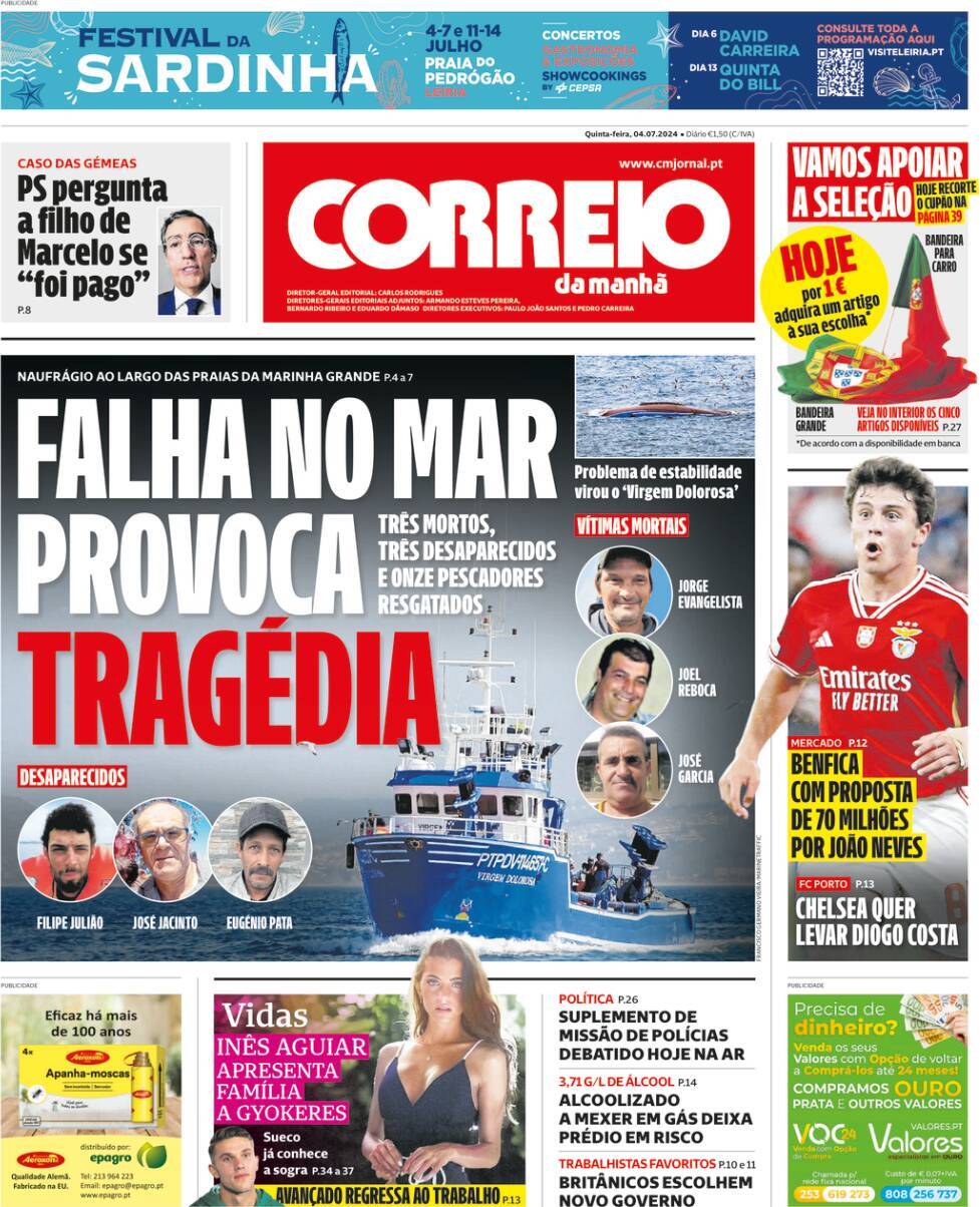 Correio da Manh&atilde;: Capa da Edi&ccedil;&atilde;o de quinta-feira, 04 de julho 2024