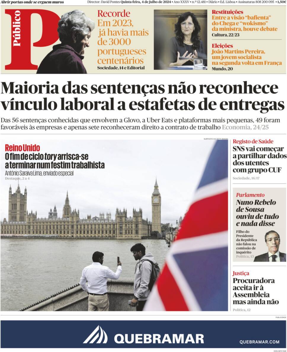 P&uacute;blico: Capa da Edi&ccedil;&atilde;o de quinta-feira, 04 de julho 2024