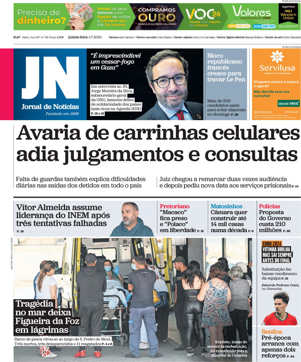 Jornal de Not&iacute;cias: Capa da Edi&ccedil;&atilde;o de quinta-feira, 04 de julho 2024