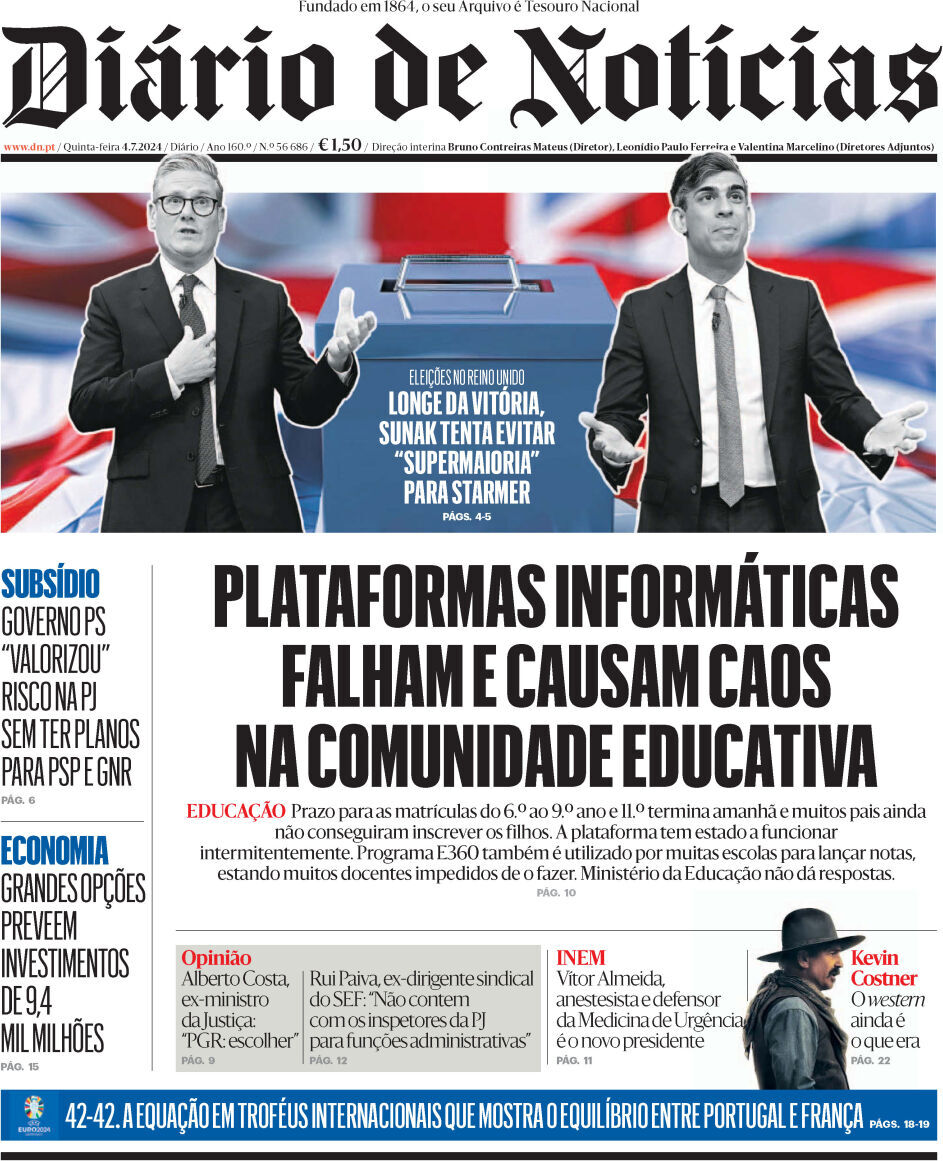 Di&aacute;rio de Not&iacute;cias: Capa da Edi&ccedil;&atilde;o de quinta-feira, 04 de julho 2024