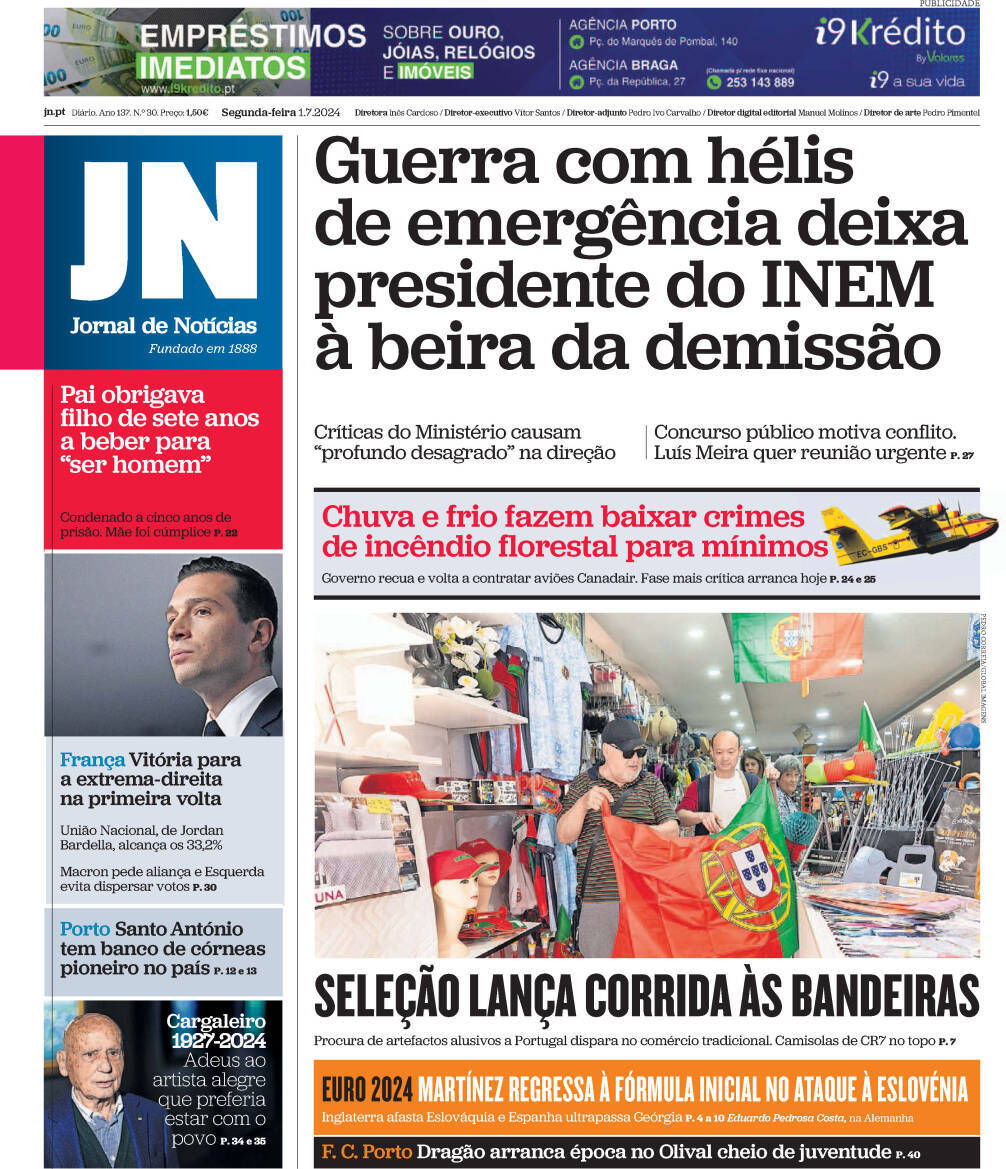 Jornal de Not&iacute;cias: Capa da Edi&ccedil;&atilde;o de segunda-feira, 01 de julho 2024