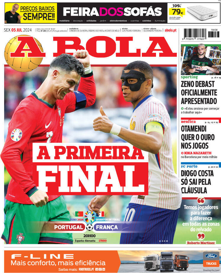 A Bola: Capa da Edi&ccedil;&atilde;o de sexta-feira, 05 de julho 2024