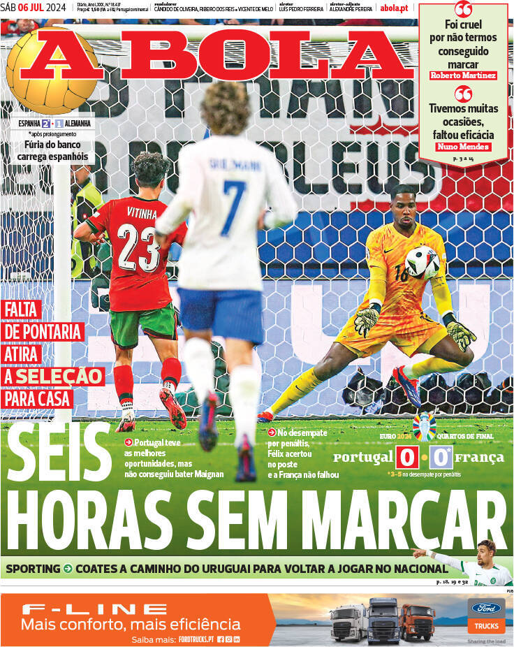 A Bola: Capa da Edi&ccedil;&atilde;o de s&aacute;bado, 06 de julho 2024