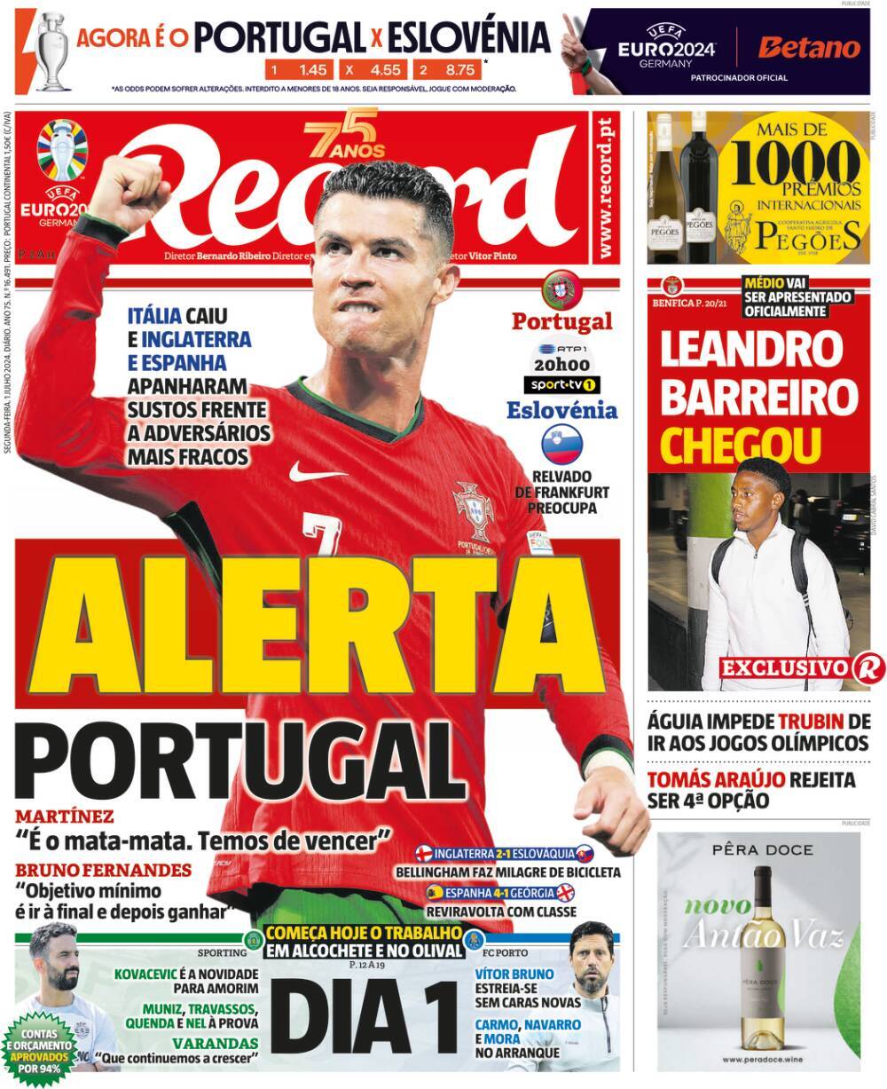 Record: Capa da Edi&ccedil;&atilde;o de segunda-feira, 01 de julho 2024