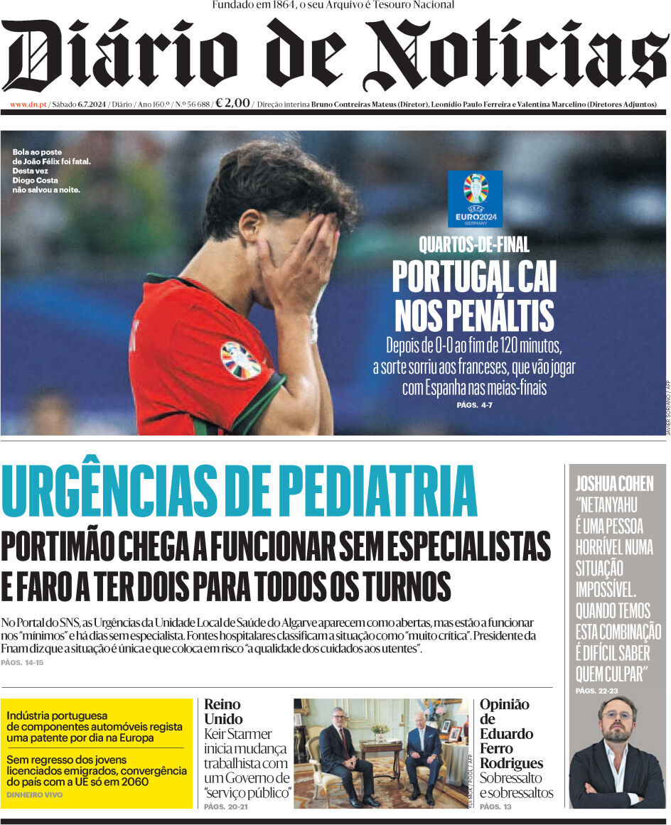 Di&aacute;rio de Not&iacute;cias: Capa da Edi&ccedil;&atilde;o de s&aacute;bado, 06 de julho 2024
