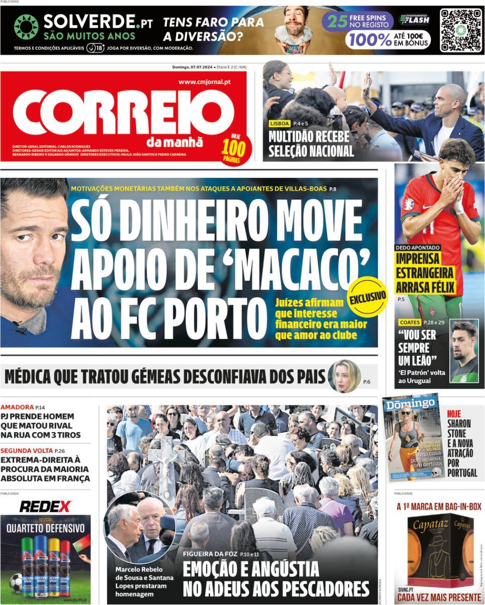 Correio da Manh&atilde;: Capa da Edi&ccedil;&atilde;o de domingo, 07 de julho 2024