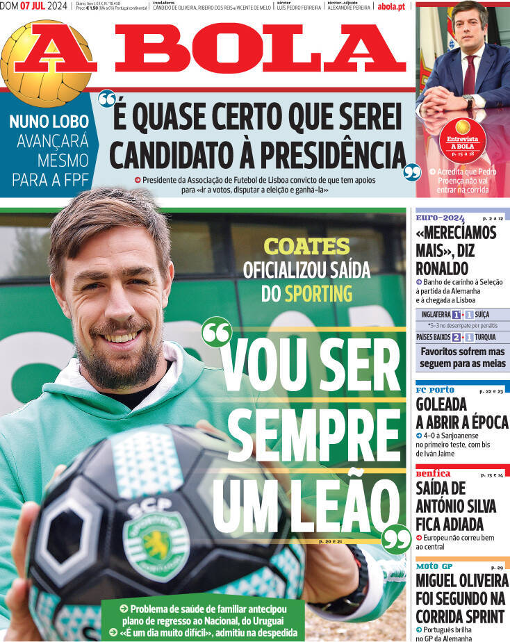 A Bola: Capa da Edi&ccedil;&atilde;o de domingo, 07 de julho 2024