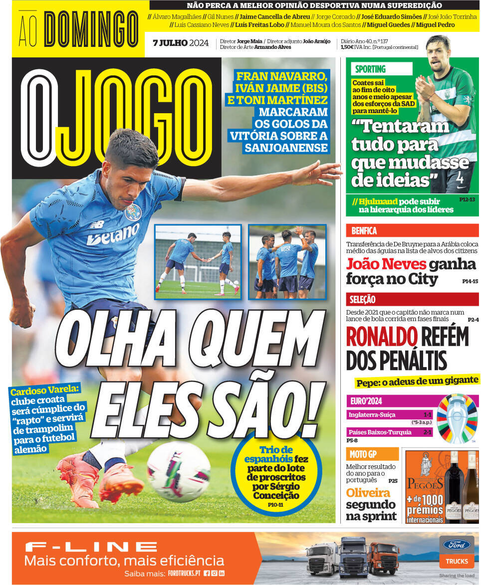 O Jogo: Capa da Edi&ccedil;&atilde;o de domingo, 07 de julho 2024